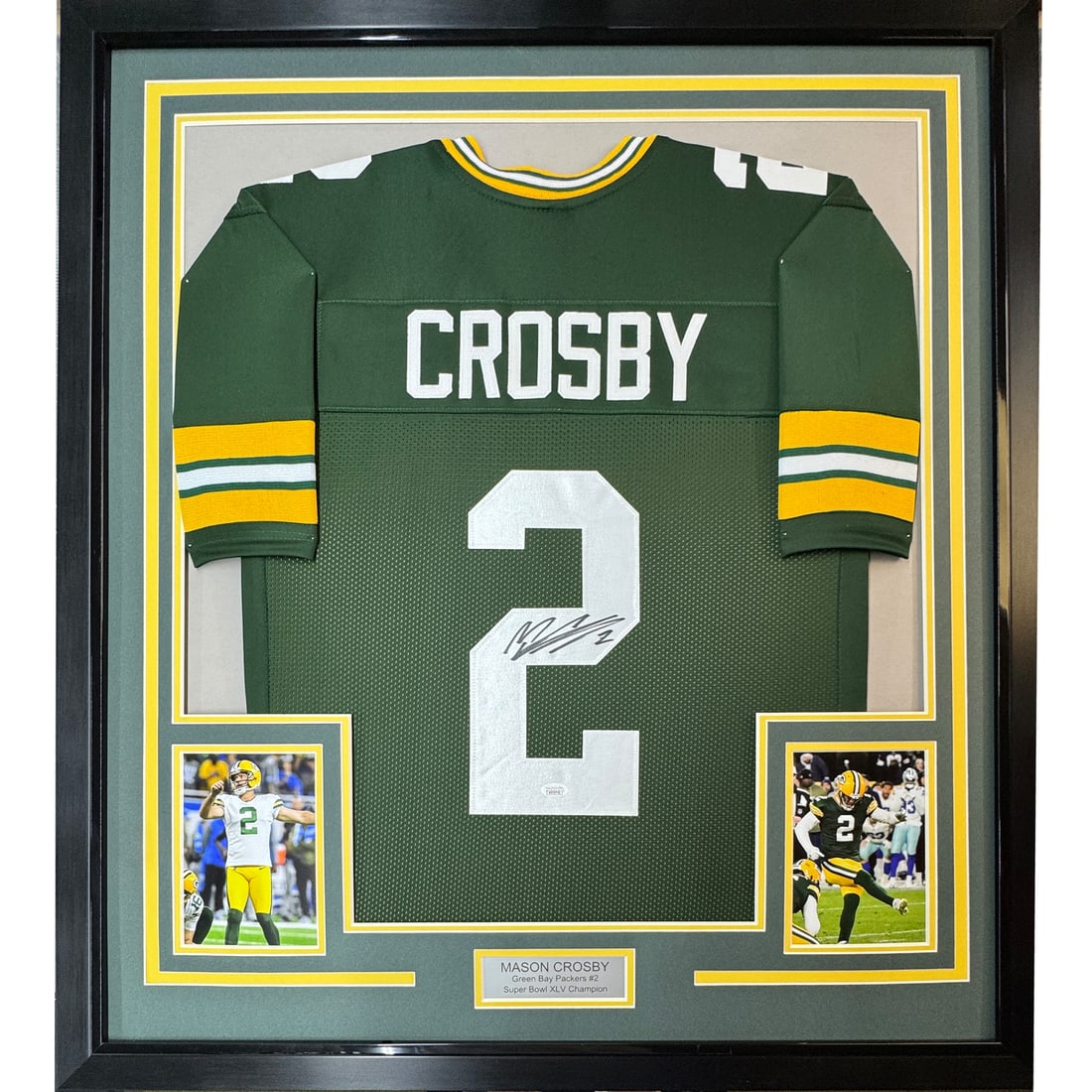 Mason Crosby Signed Packers Framed Green Jersey JSA COA 35x39: Mason Crosby Signed Packers Framed Green Jersey JSA COA 35x39 This professionally framed and matted Green Bay Packers jersey features the authentic signature of Mason Crosby. The display includes two 