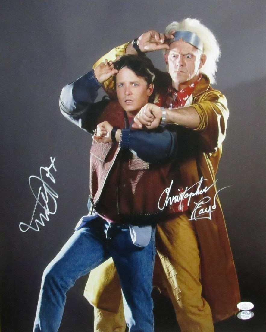 Michael J Fox Christopher Lloyd Signed 16x20 Back to the Future Photo JSA Certified: Michael J Fox Christopher Lloyd Signed 16x20 Back to the Future Photo JSA Certified Offered is a striking 16x20 photo from "Back to the Future" autographed by the iconic duo, Michael J. Fox and Christ