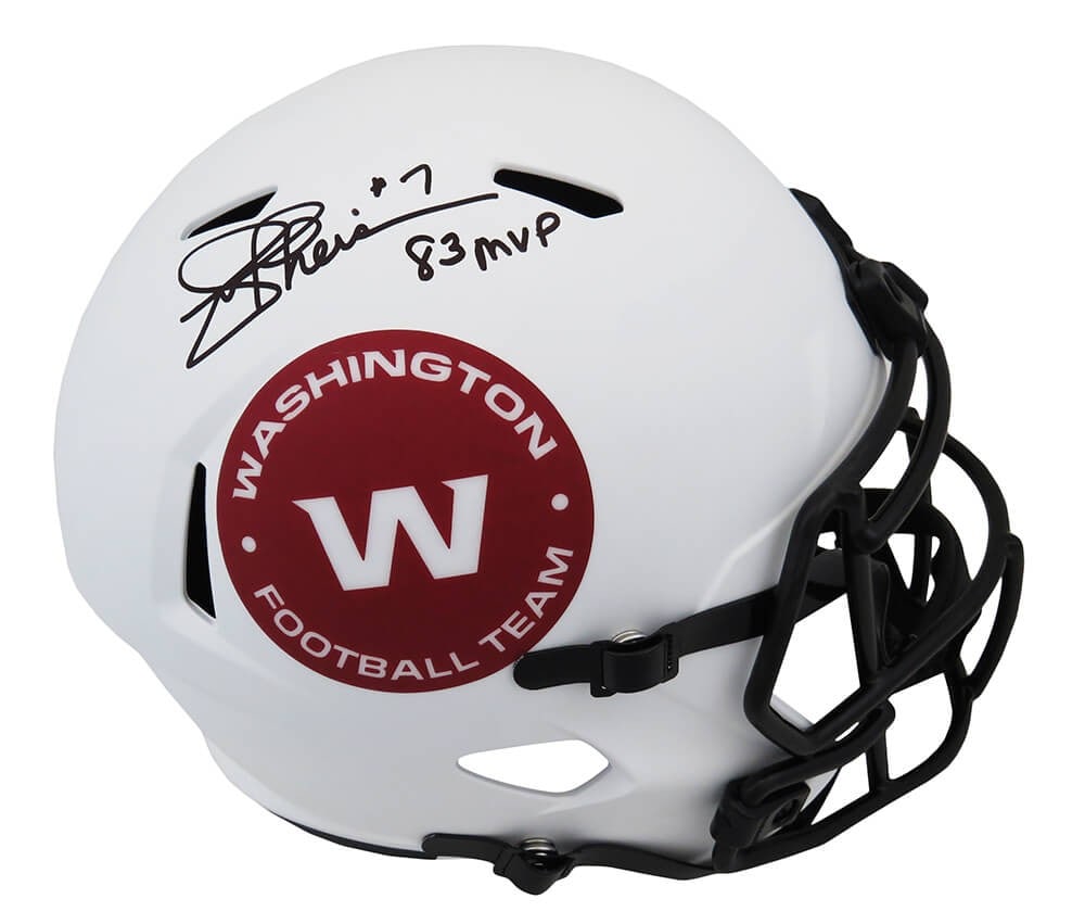 Joe Theismann Signed WFT Lunar Eclipse Helmet with 83 MVP Inscription: Joe Theismann Signed WFT Lunar Eclipse Helmet with 83 MVP Inscription This is a full-size Speed replica helmet of Joe Theismann, a celebrated player for the Washington Football Team. The helmet is sig