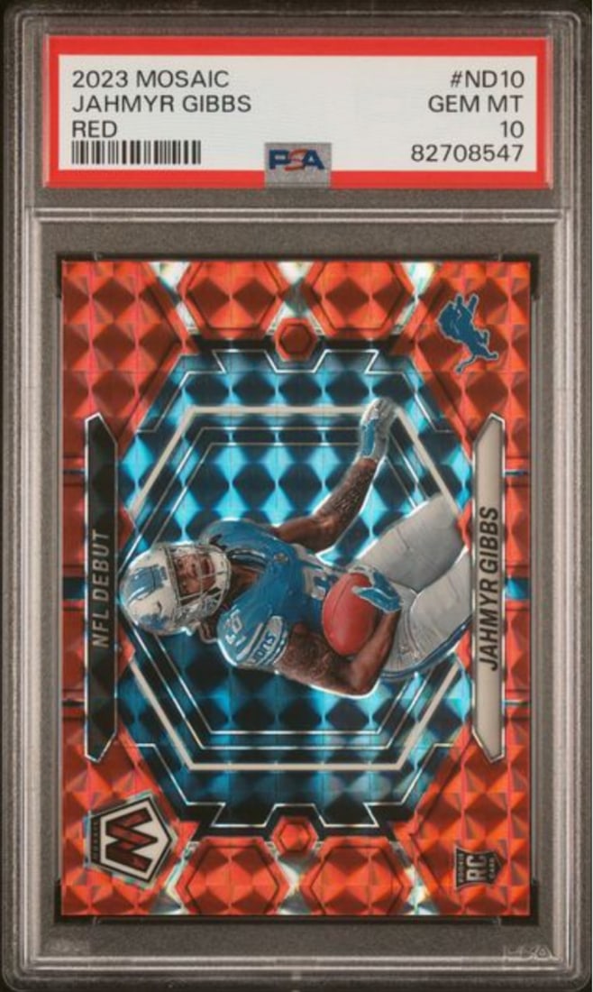2023 Mosaic Jahmyr Gibbs Red Rookie RC Football Card PSA 10 (1 of 2)
