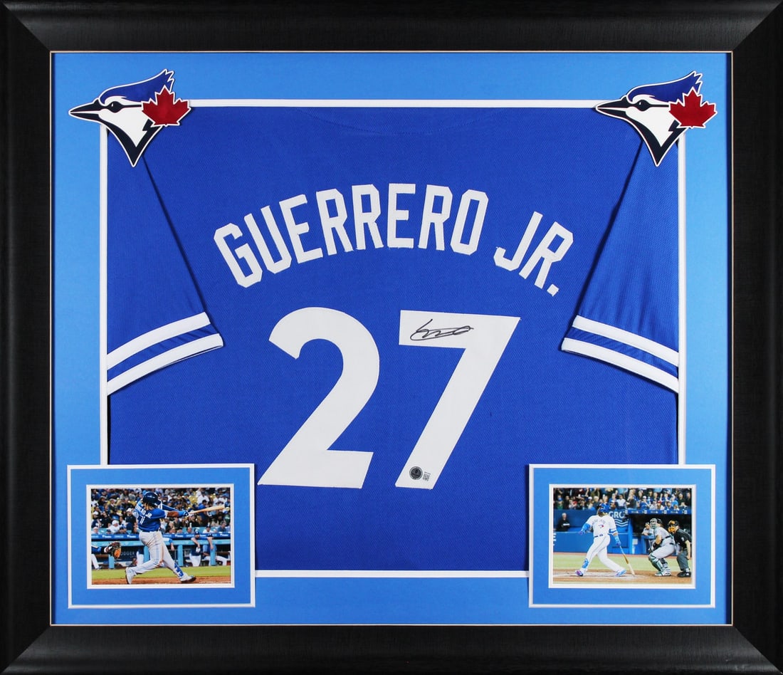 Framed Blue Pro Style Jersey Signed by Vladimir Guerrero Jr BAS: Framed Blue Pro Style Jersey Signed by Vladimir Guerrero Jr BAS This professionally framed blue pro style jersey has been personally signed by Vladimir Guerrero Jr. of the Toronto Blue Jays. It is an 
