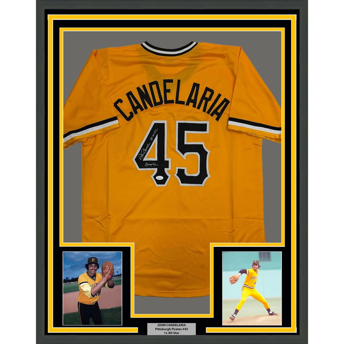 John Candelaria Signed Pittsburgh Jersey Framed Display with JSA Authentication 35x39: John Candelaria Signed Pittsburgh Jersey Framed Display with JSA Authentication 35x39 This framed display features a Pittsburgh Pirates yellow jersey autographed by John Candelaria. The jersey is prof