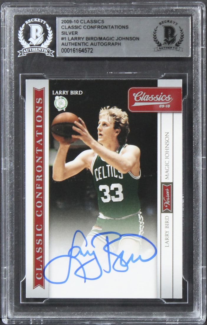 Larry Bird Magic Johnson Signed 2009 Classics Silver #1 #100/250 Beckett Authenticated Card: Larry Bird Magic Johnson Signed 2009 Classics Silver #1 #100/250 Beckett Authenticated Card This is a remarkable autographed 2009 Classics Classic Confrontations Silver #1 #100/250 card featuring the 