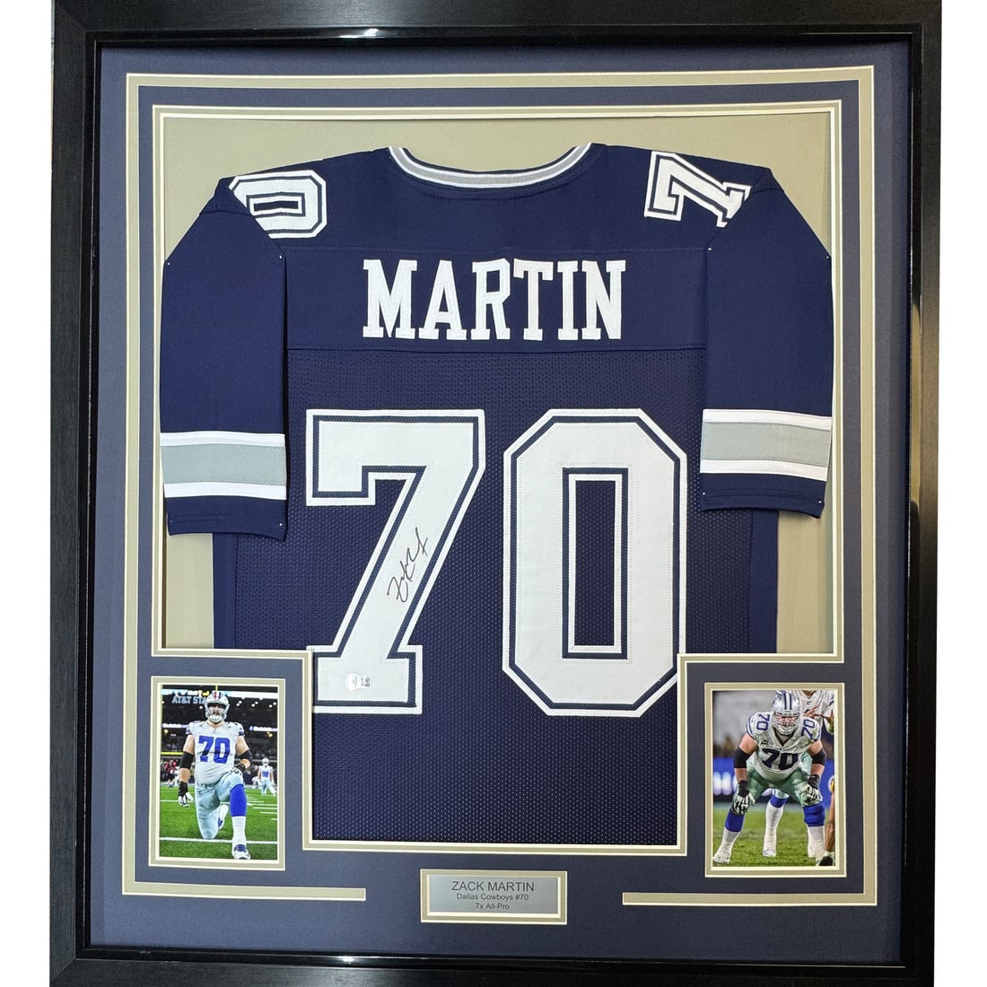 Zack Martin Dallas Cowboys Signed Blue Jersey 35x39 Framed Display With JSA COA: Zack Martin Dallas Cowboys Signed Blue Jersey 35x39 Framed Display With JSA COA This is a professionally framed and matted Dallas Blue football jersey autographed by Zack Martin of the Dallas Cowboys.