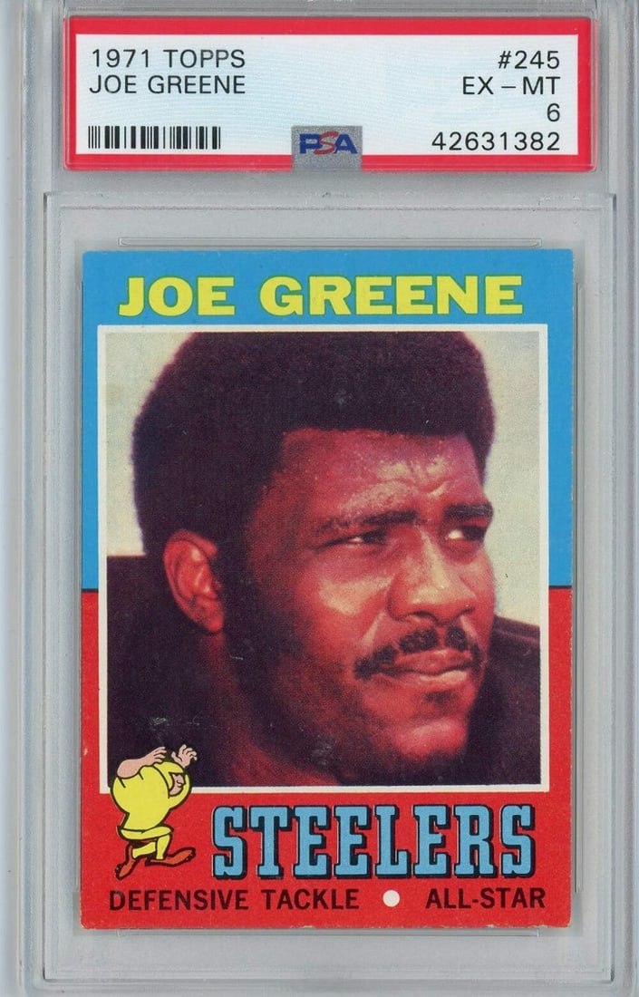 1971 Topps Joe Greene #245 Rookie Football Card PSA 6 EX-MT: 1971 Topps Joe Greene #245 Rookie Football Card PSA 6 EX-MT This is a graded 1971 Topps Joe Greene #245 Rookie RC Football Card, encapsulated and graded by Professional Sports Authenticator (PSA) with