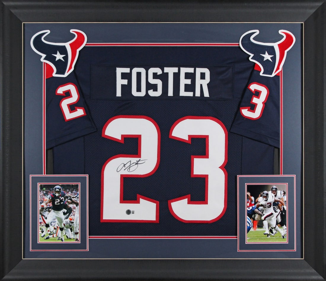 Arian Foster Signed Houston Texans Navy Blue Pro Style Framed Jersey BAS Authenticated: Arian Foster Signed Houston Texans Navy Blue Pro Style Framed Jersey BAS Authenticated This authentic signed navy blue pro style framed jersey features the signature of Arian Foster, a celebrated play