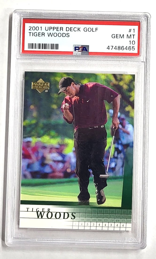 PSA 10 Tiger Woods 2001 Upper Deck Rookie Card #1: PSA 10 Tiger Woods 2001 Upper Deck Rookie Card #1 This is a 2001 Upper Deck Tiger Woods Rookie Card, graded PSA 10 Gem Mint by Professional Sports Authenticator. Featuring legendary golfer Tiger Woods