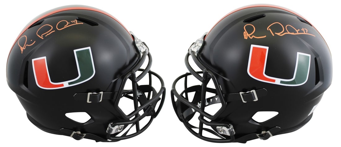 Beckett Authenticated Michael Irvin Miami Hurricanes Speed Helmet: Beckett Authenticated Michael Irvin Miami Hurricanes Speed Helmet This Miami Hurricanes alternate black full-size Speed replica helmet has been personally signed twice by Michael Irvin. The helmet is 