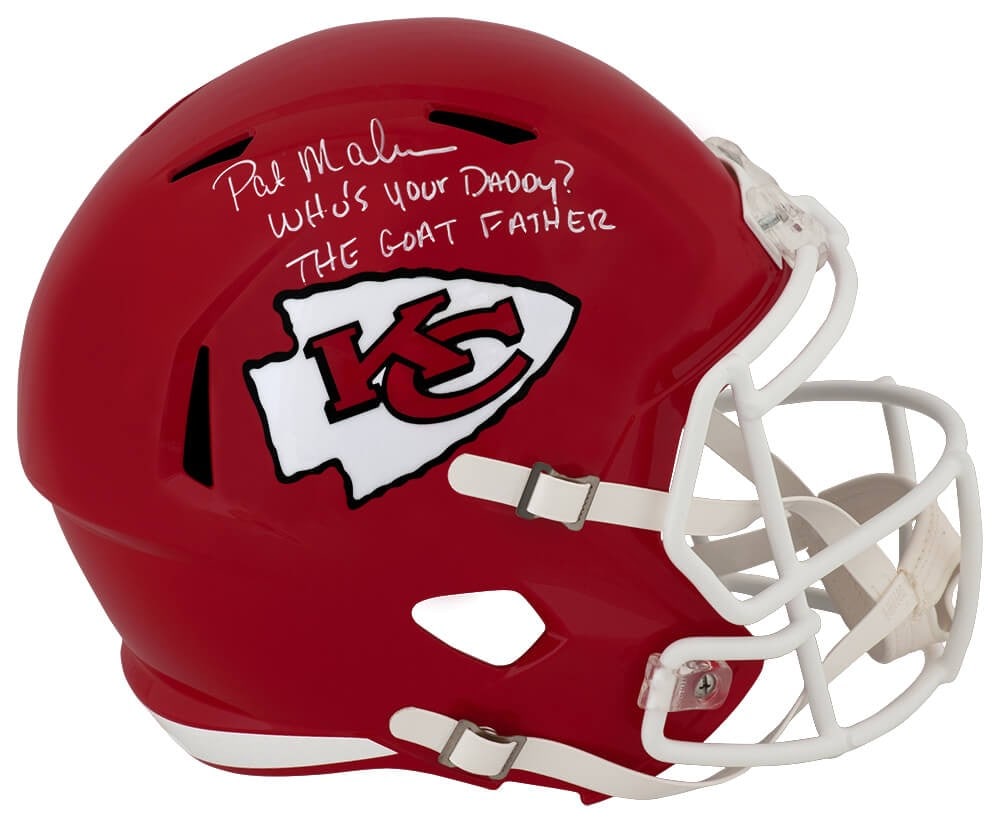 Riddell full size speed replica Chiefs helmet signed by Pat Mahomes Sr: Riddell full size speed replica Chiefs helmet signed by Pat Mahomes Sr Pre-owned Riddell full-size speed replica helmet signed by Pat Mahomes Sr. for the Kansas City Chiefs. This original autographed 