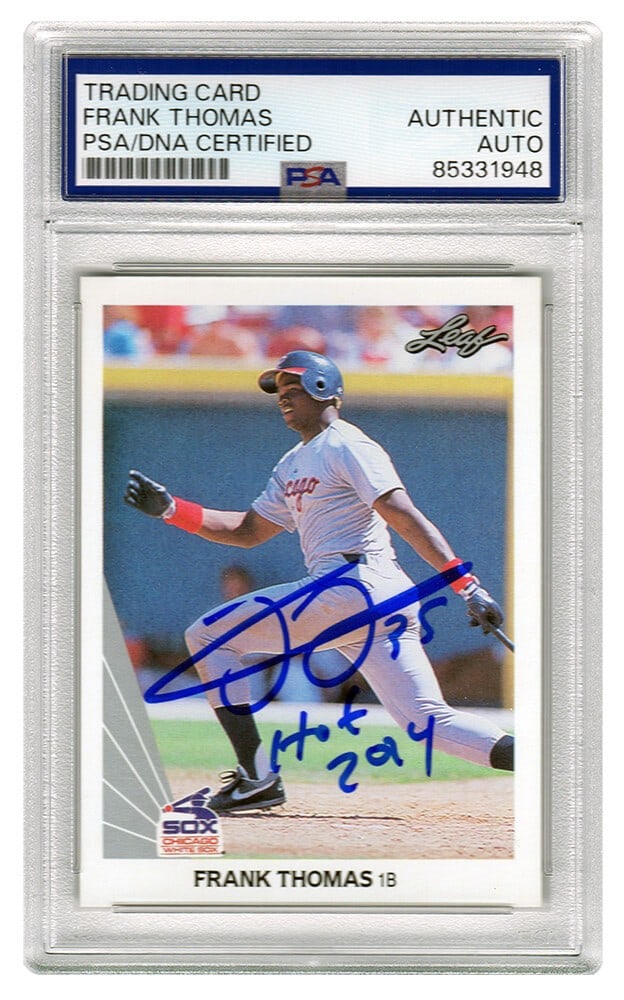 Frank Thomas Signed 1990 Leaf RC Card #300 HOF 2014 PSA Encapsulated: Frank Thomas Signed 1990 Leaf RC Card #300 HOF 2014 PSA Encapsulated This is a Frank Thomas signed Chicago White Sox 1990 Leaf rookie baseball card #300, featuring the inscription 'HOF 2014.' The card
