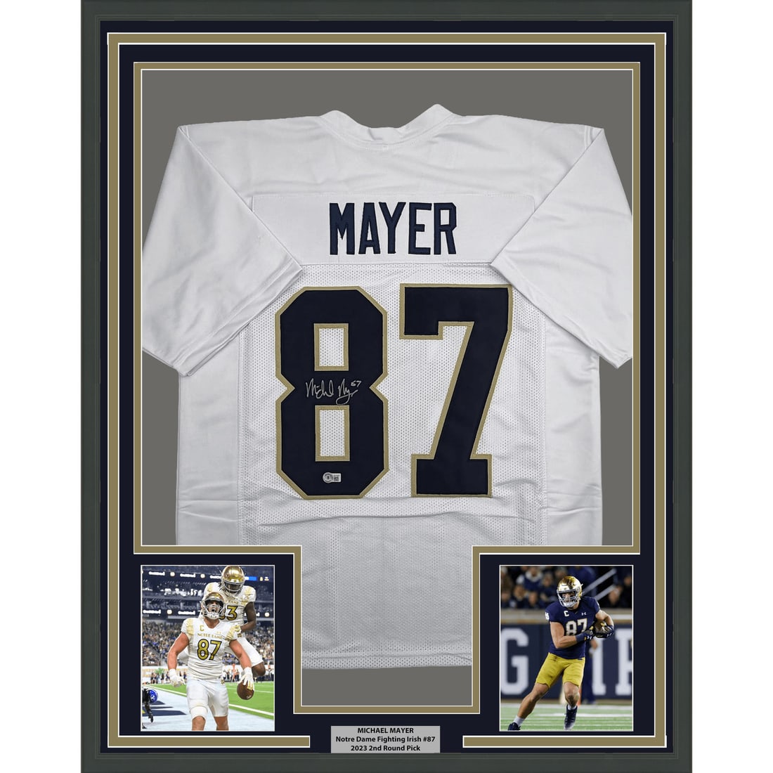 Michael Mayer signed Notre Dame framed football jersey 35x39 Beckett COA: Michael Mayer signed Notre Dame framed football jersey 35x39 Beckett COA Professionally framed autographed Michael Mayer Notre Dame white college jersey, matted with two 5x7 photos and ready for displ