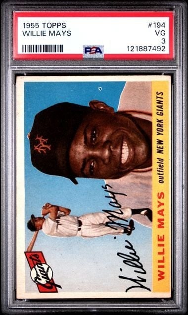 PSA 3 Willie Mays 1955 Topps #194 Baseball Trading Card: PSA 3 Willie Mays 1955 Topps #194 Baseball Trading Card Graded 1955 Topps Willie Mays #194 baseball card, encapsulated and graded PSA 3 Very Good. This pre-owned sports trading card features Willie Ma