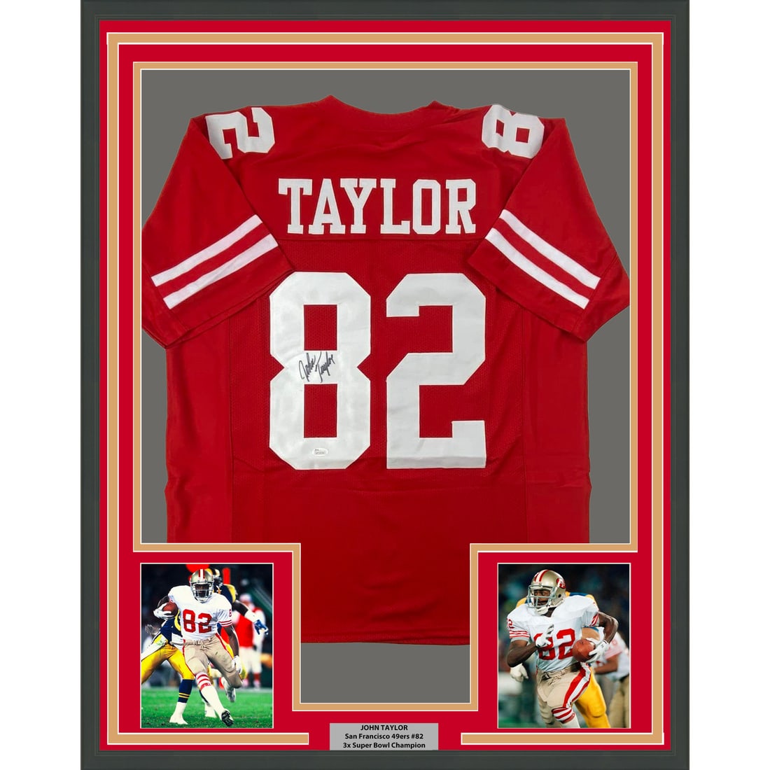 John Taylor signed 33x42 framed 49ers jersey JSA COA: John Taylor signed 33x42 framed 49ers jersey JSA COA This professionally framed and matted display features a red San Francisco 49ers jersey autographed by John Taylor. The presentation includes two 8