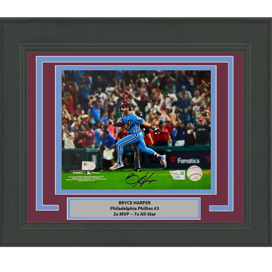 Framed Autographed Bryce Harper Phillies 8x10 Photo Fanatics Authentic COA: Framed Autographed Bryce Harper Phillies 8x10 Photo Fanatics Authentic COA This professionally framed and matted 8x10 photo features the autograph of Bryce Harper, a prominent player for the Philadelp