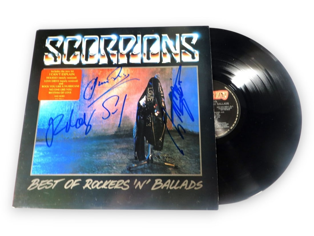 Scorpions Autographed Record Cover Signed by Schenker Meine Jabs Beckett Certified: Scorpions Autographed Record Cover Signed by Schenker Meine Jabs Beckett Certified This is an original autographed record album cover from the iconic rock band Scorpions. The cover features the signat