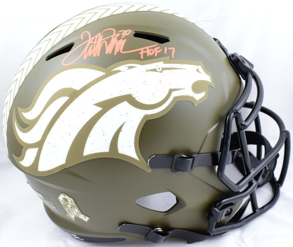 Denver Broncos Full Size Helmet Signed by Terrell Davis HOF Beckett: Denver Broncos Full Size Helmet Signed by Terrell Davis HOF Beckett This is an original Denver Broncos full-size Salute to Service helmet signed by Terrell Davis. It is identified as a pre-owned helme