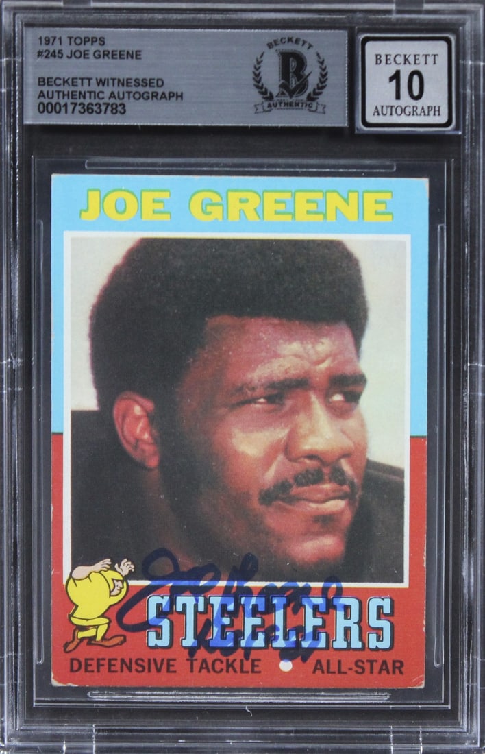 Joe Greene signed 1971 Topps 245 football card Beckett Auto 10: Joe Greene signed 1971 Topps 245 football card Beckett Auto 10 Original 1971 Topps #245 football card personally signed by Joe Greene of the Pittsburgh Steelers. The autograph is authenticated by Beck