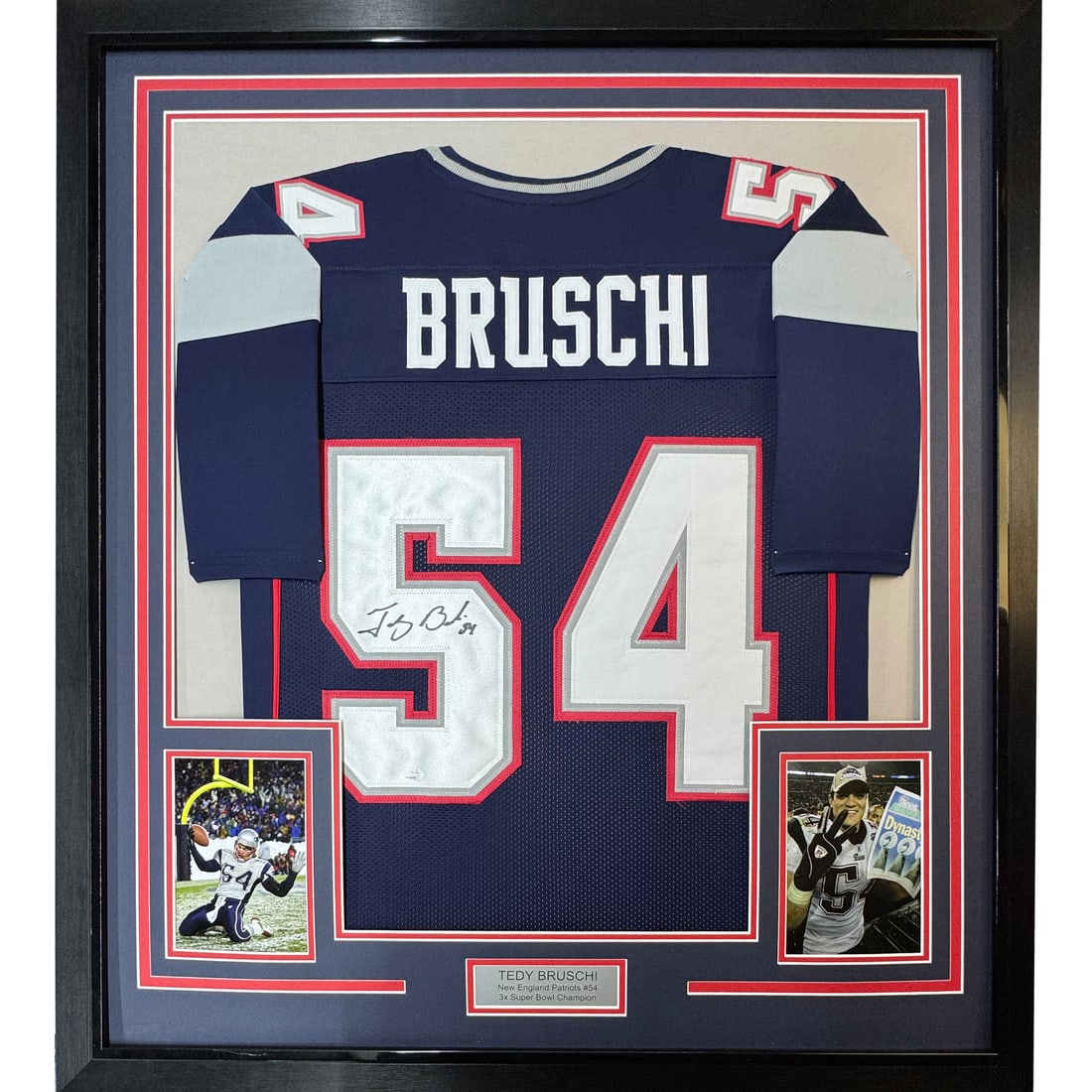 Framed Tedy Bruschi signed Patriots blue jersey JSA COA 33x42: Framed Tedy Bruschi signed Patriots blue jersey JSA COA 33x42 This framed New England Patriots blue jersey is autographed by Tedy Bruschi and comes authenticated by James Spence Authentication (JSA). 