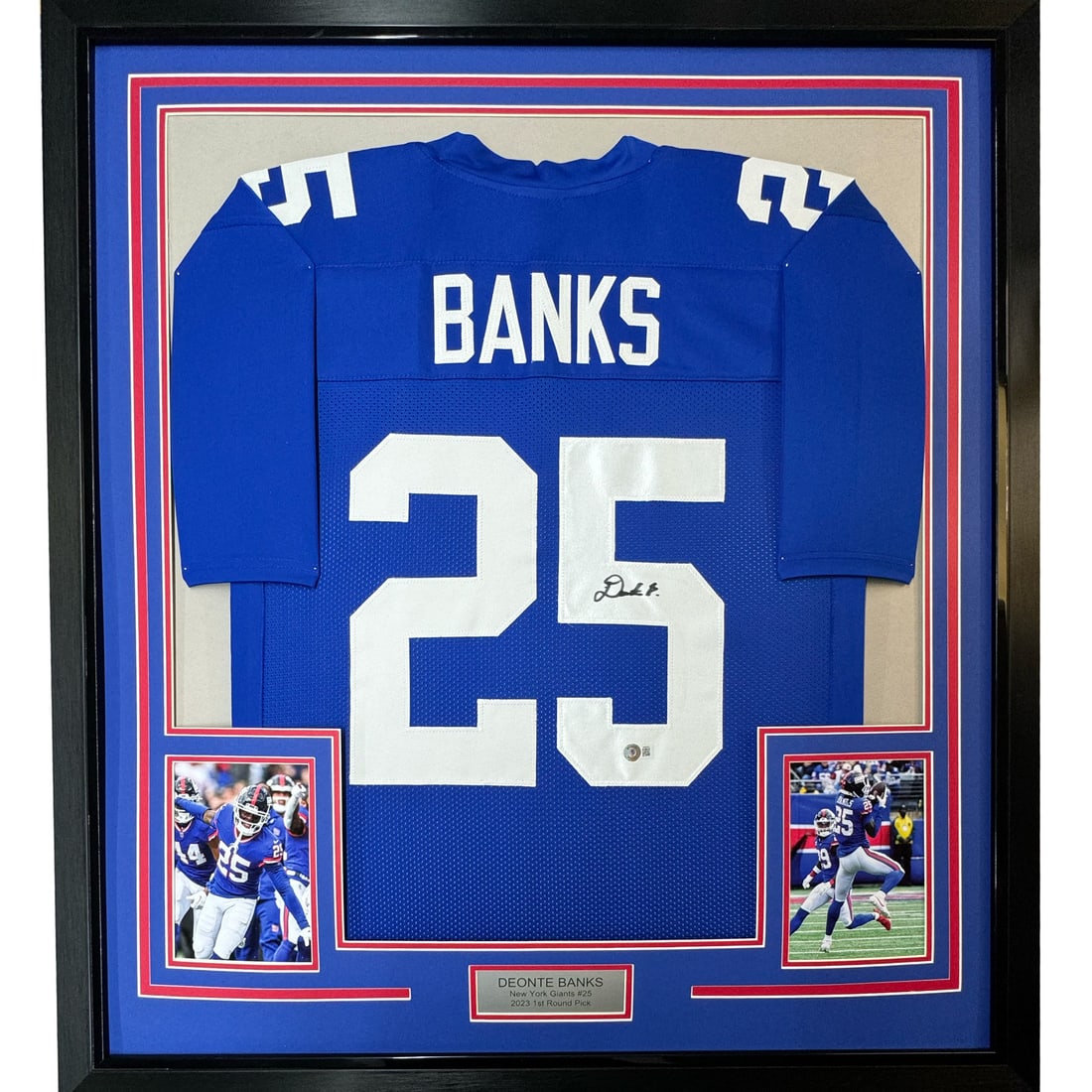 Framed Deonte Banks Autographed Jersey New York Giants BAS COA: Framed Deonte Banks Autographed Jersey New York Giants BAS COA Showcase your support for the New York Giants with this professionally framed and autographed Deonte Banks blue jersey. This item feature