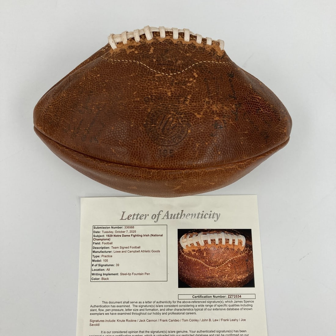 1929 Notre Dame Fighting Irish Signed Football with JSA Authentication: 1929 Notre Dame Fighting Irish Signed Football with JSA Authentication This remarkable piece of sports history features a 1929 Notre Dame Fighting Irish football, autographed by 39 members of the unde