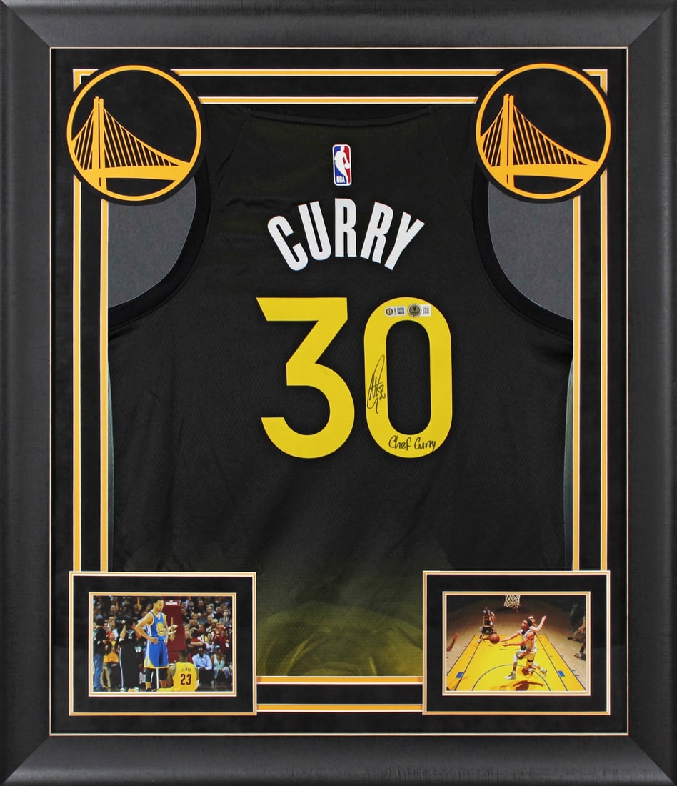 Stephen Curry Signed Black Nike Framed Jersey Chef Curry BAS: Stephen Curry Signed Black Nike Framed Jersey Chef Curry BAS Celebrate the legacy of Stephen Curry with this autographed Black Nike Rose City Edition Framed Jersey. Personally signed by the Golden Sta