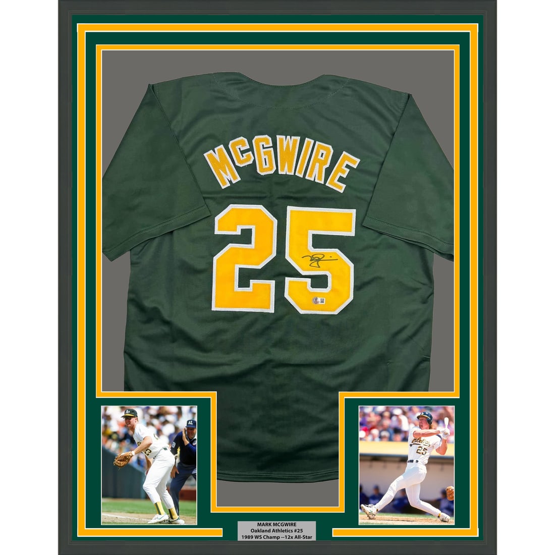 Mark McGwire Oakland Athletics Signed Framed Green Jersey 35x39 Beckett COA: Mark McGwire Oakland Athletics Signed Framed Green Jersey 35x39 Beckett COA This professionally framed and matted display features an autographed Mark McGwire Oakland Athletics green jersey, accompani