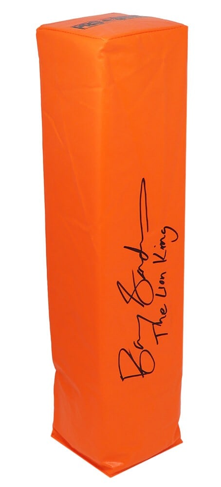 Barry Sanders Signed Football Pylon with The Lion King Inscription COA: Barry Sanders Signed Football Pylon with The Lion King Inscription COA Enhance your football memorabilia collection with this Barry Sanders signed orange endzone football pylon, featuring the inscript
