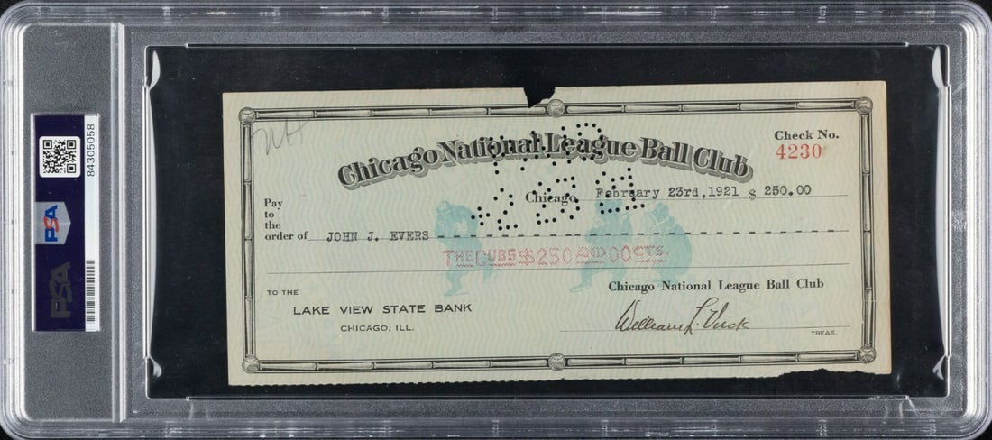 Johnny Evers 1921 Chicago Cubs Payroll Check Signed PSA DNA Rare: Johnny Evers 1921 Chicago Cubs Payroll Check Signed PSA DNA Rare This rare item is a Chicago Cubs payroll check dated February 23, 1921, issued to Hall of Fame second baseman Johnny Evers. The check i