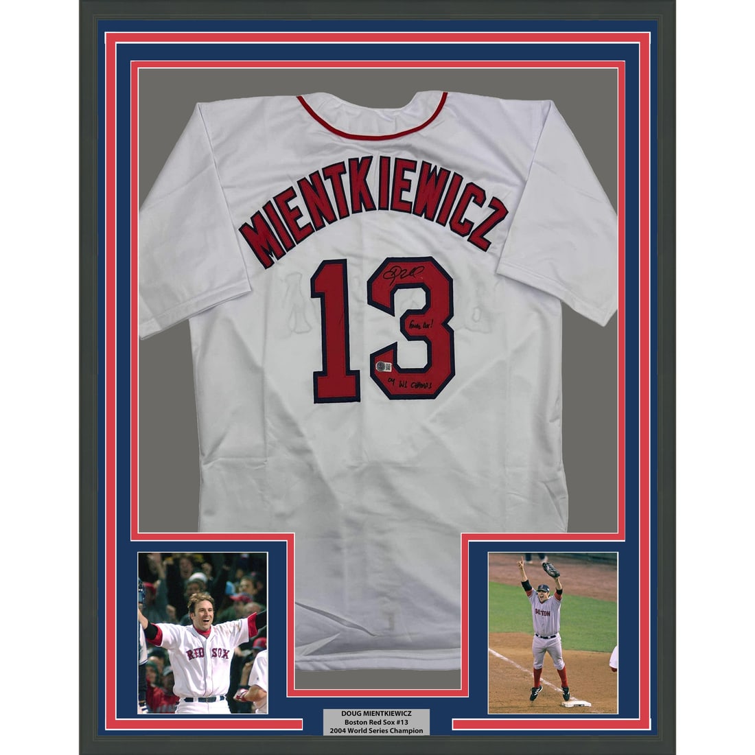 Doug Mientkiewicz Signed Boston Red Sox Jersey in 35x39 Frame Beckett Authenticated: Doug Mientkiewicz Signed Boston Red Sox Jersey in 35x39 Frame Beckett Authenticated This framed display features a Boston Red Sox white jersey autographed by Doug Mientkiewicz. The jersey is professio