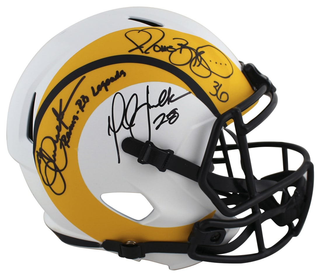 Los Angeles Rams RB Legends Bettis Dickerson Faulk Signed Lunar Helmet BAS: Los Angeles Rams RB Legends Bettis Dickerson Faulk Signed Lunar Helmet BAS This autographed alternate lunar Riddell full-size speed replica helmet features the inscriptions of "Rams RB Legends (Dicker