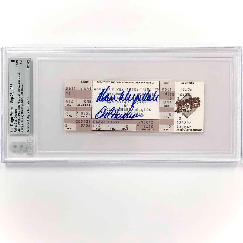 Orel Hershiser Don Drysdale Signed Ticket BGS 8 10 Auto Dodgers 1988: Orel Hershiser Don Drysdale Signed Ticket BGS 8 10 Auto Dodgers 1988 This collectible ticket commemorates Orel Hershiser's remarkable achievement of 59 consecutive scoreless innings during the 1988 ML