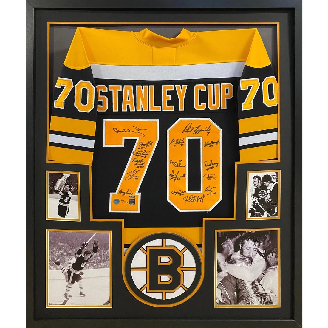 Autographed Boston Bruins Stanley Cup framed teal jersey signed by 16 (1 of 2)