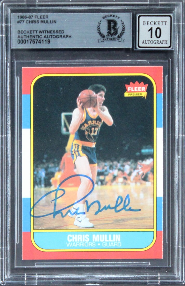 Chris Mullin 1986 Fleer #77 Rookie Card BAS Slabbed Gem Mint 10: Chris Mullin 1986 Fleer #77 Rookie Card BAS Slabbed Gem Mint 10 This 1986 Fleer #77 rookie card features Chris Mullin of the Golden State Warriors and has been personally signed by him. The autograph 