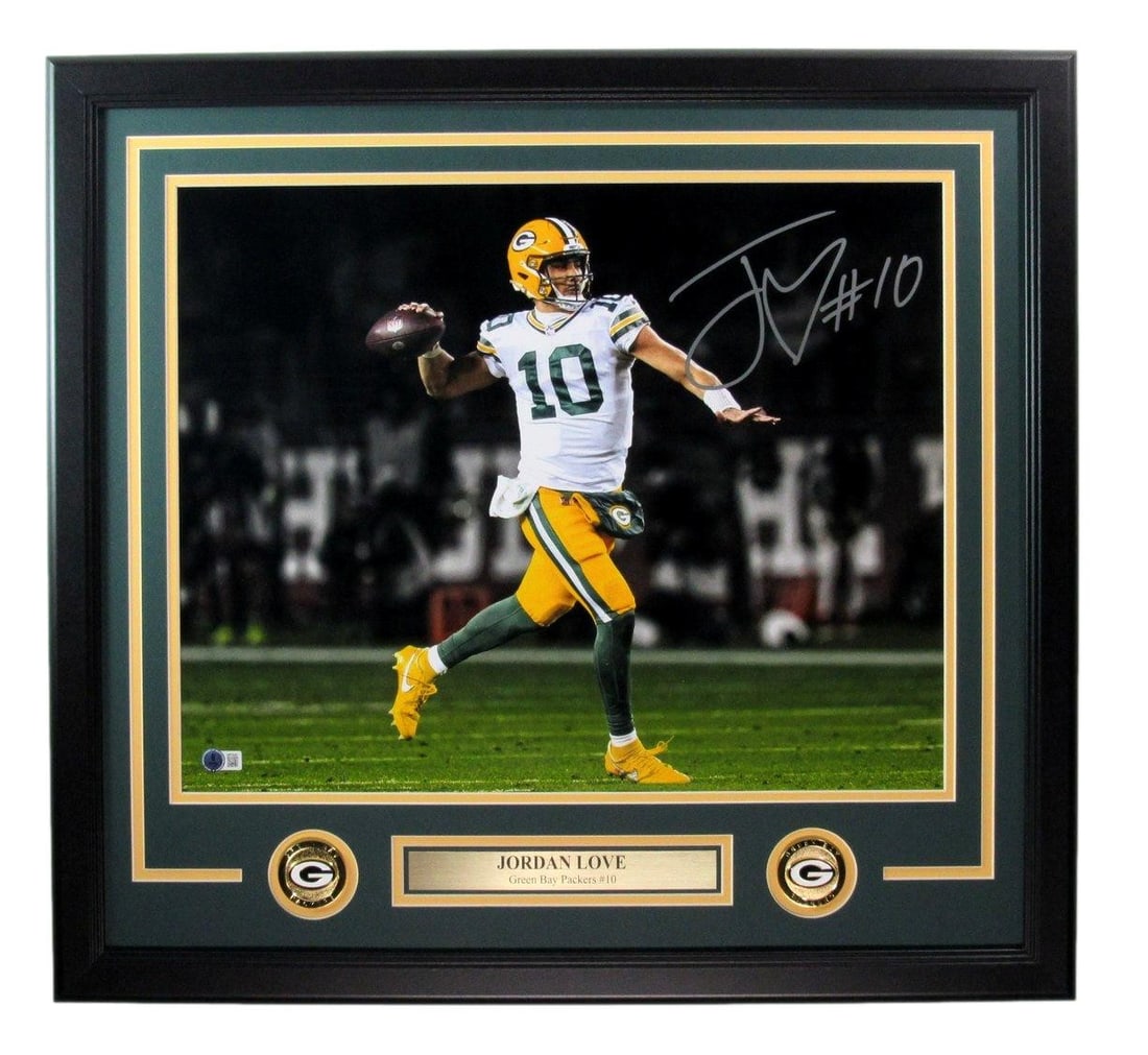 Framed 16x20 Jordan Love Autographed Packers Photo Beckett Authenticated: Framed 16x20 Jordan Love Autographed Packers Photo Beckett Authenticated This is an original 16x20 photo of Jordan Love, signed and autographed, featuring him as a member of the Green Bay Packers. The
