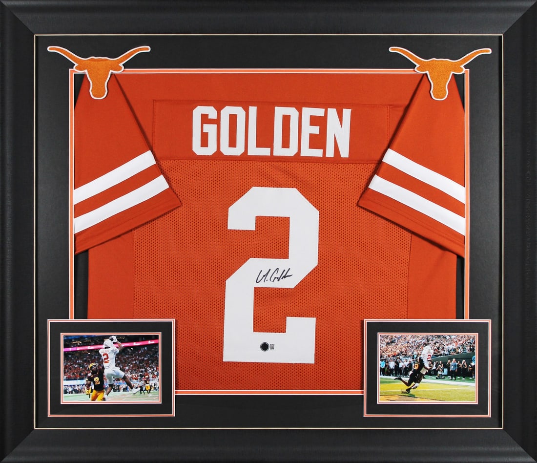 Matthew Golden Signed Texas Longhorns Framed Jersey BAS Witnessed: Matthew Golden Signed Texas Longhorns Framed Jersey BAS Witnessed This expertly framed, autographed burnt orange Pro Style jersey showcases the signature of Texas Longhorns player Matthew Golden. Auth