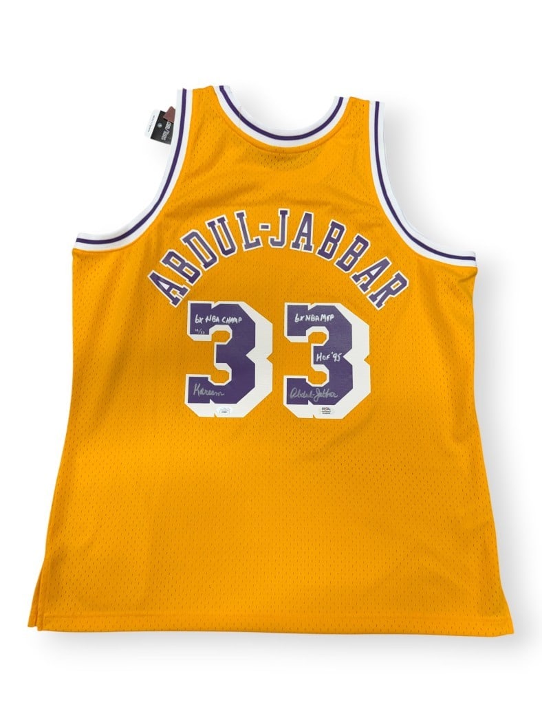 Kareem Abdul-Jabbar Autographed Lakers Limited Edition Jersey With Inscription PSA JSA: Kareem Abdul-Jabbar Autographed Lakers Limited Edition Jersey With Inscription PSA JSA This limited edition Los Angeles Lakers Swingman jersey is personally signed by basketball legend Kareem Abdul-Ja