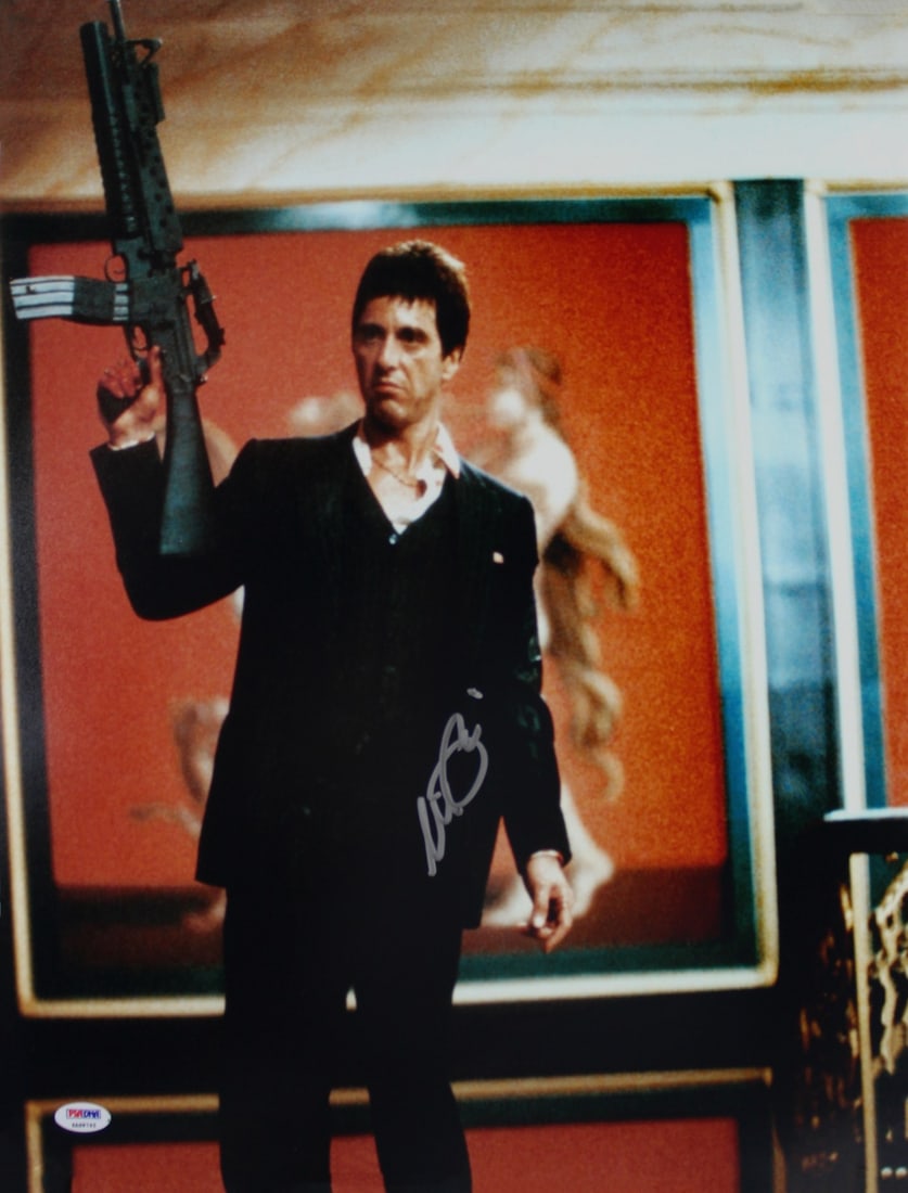 Al Pacino Autographed Scarface 16x20 Photograph PSA DNA Gem Mint 10 Certified: Al Pacino Autographed Scarface 16x20 Photograph PSA DNA Gem Mint 10 Certified This is a pre-owned, vertical 16x20 inch photograph from the movie Scarface, personally signed by Al Pacino. The autograph