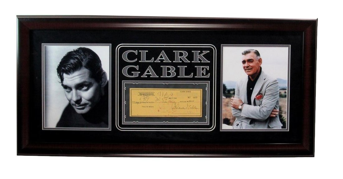 Framed Clark Gable Signed Bank Check with Photo Collage: Framed Clark Gable Signed Bank Check with Photo Collage This framed display features an original bank check hand-signed by Clark Gable, accompanied by a professionally arranged photo collage celebrati