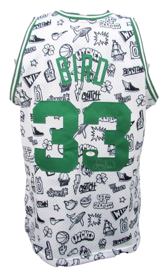 Larry Bird Autographed Mitchell & Ness Celtics Jersey PSA/DNA: Larry Bird Autographed Mitchell & Ness Celtics Jersey PSA/DNA This is a Larry Bird autographed white printed Mitchell & Ness 1984-86 HWC Swingman basketball jersey, featuring the iconic Boston Celtics
