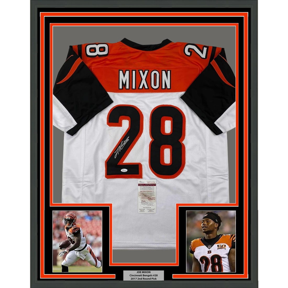 Joe Mixon Cincinnati Bengals Signed White Jersey Framed 35x39 With JSA COA: Joe Mixon Cincinnati Bengals Signed White Jersey Framed 35x39 With JSA COA This is a professionally framed and matted white Cincinnati Bengals jersey autographed by Joe Mixon. The display includes two