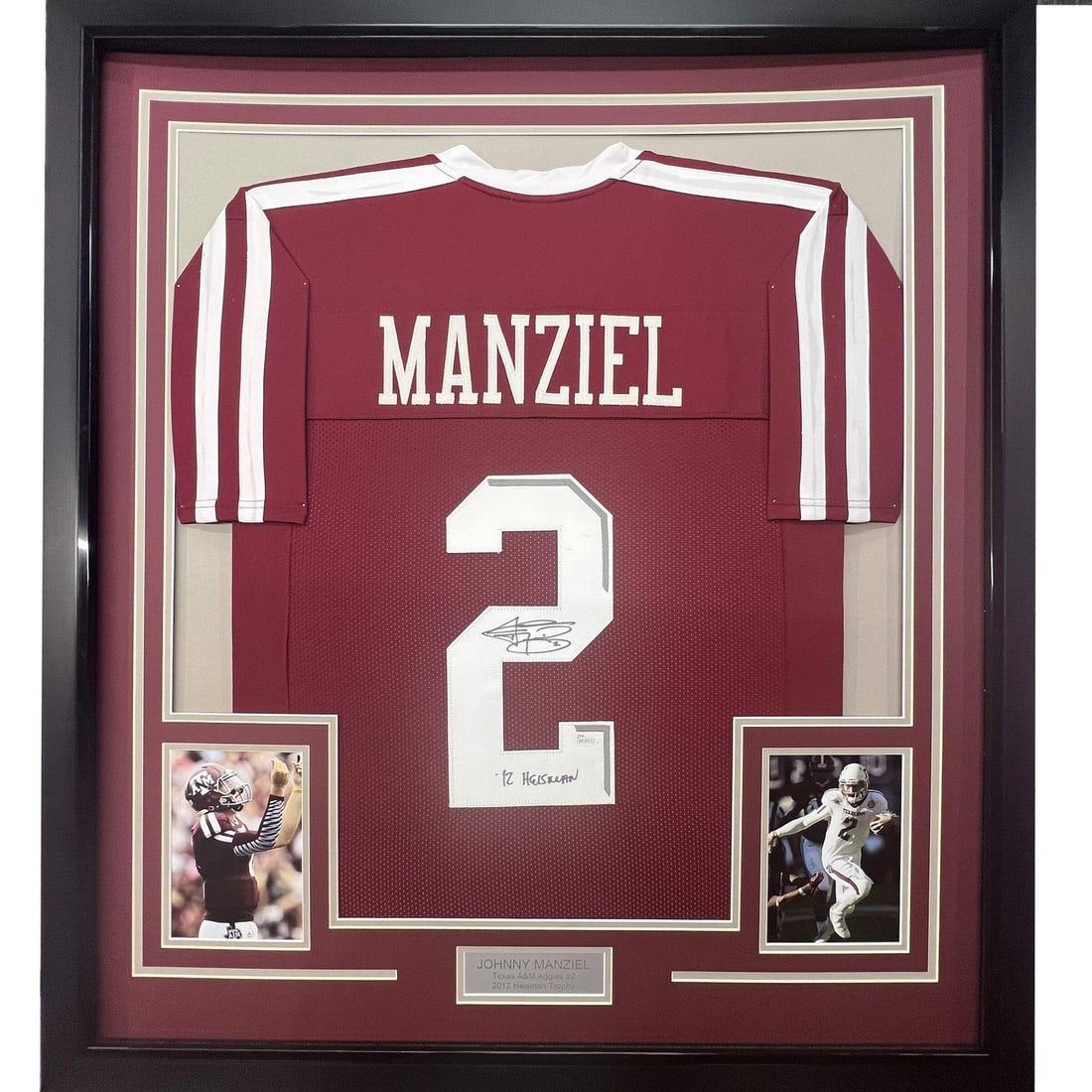 Johnny Manziel Signed Framed Texas A&M Jersey JSA COA: Johnny Manziel Signed Framed Texas A&M Jersey JSA COA Professionally framed and matted Johnny Manziel autographed Texas A&M jersey display. This original signed piece includes two 5x7 photos and comes