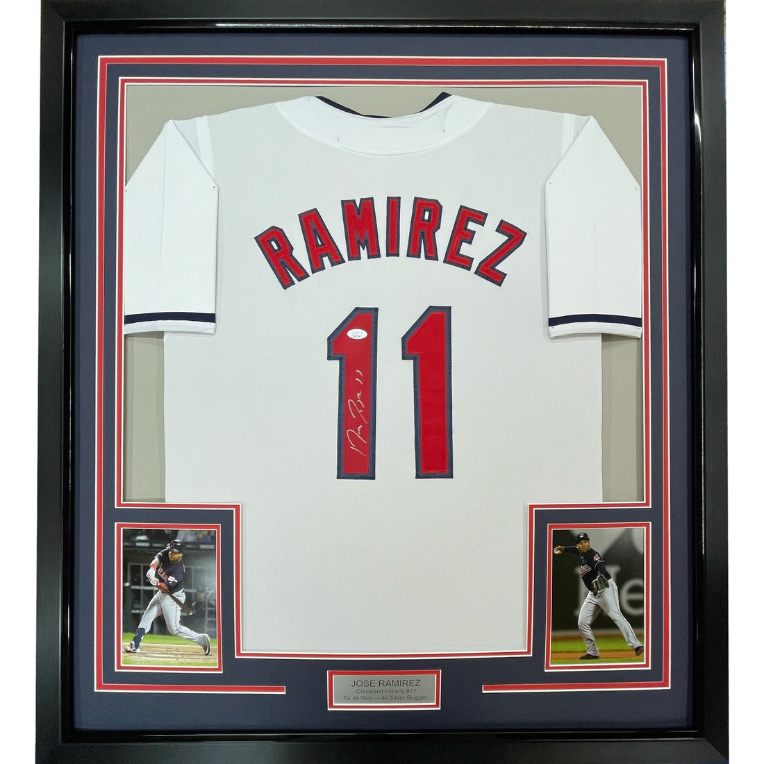 Jose Ramirez Framed Cleveland White Jersey Signed With Beckett Certificate 33x42: Jose Ramirez Framed Cleveland White Jersey Signed With Beckett Certificate 33x42 This professionally framed and matted Cleveland Guardians white jersey features the authentic signature of Jose Ramirez
