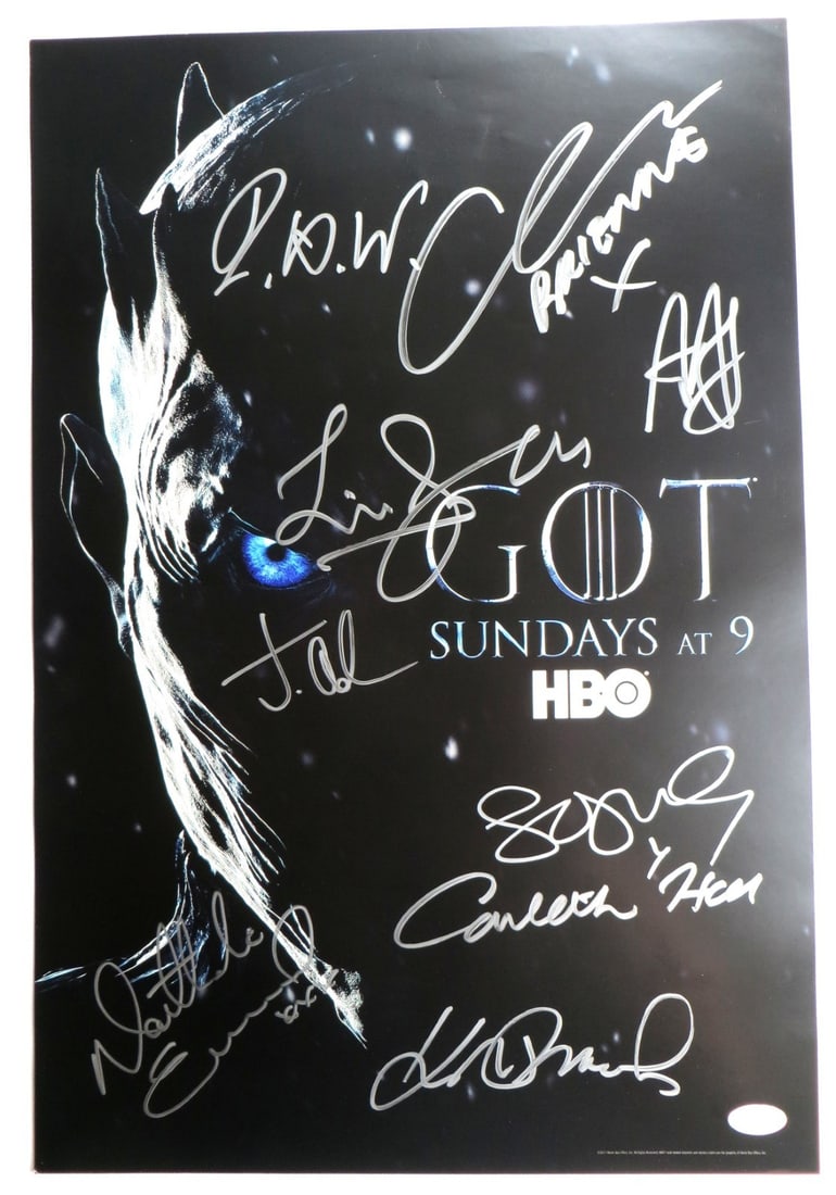 Game of Thrones cast poster 9 autographs JSA 13.5 X 19: Game of Thrones cast poster 9 autographs JSA 13.5 X 19 This is an original Game of Thrones cast autographed poster, featuring signatures from nine cast members: Sophie Turner, Liam Cunningham, John Br