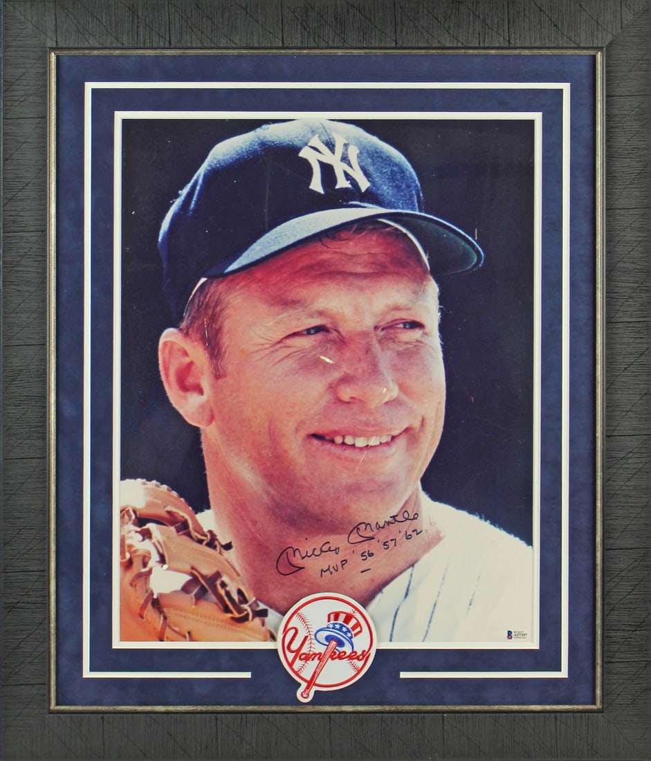 Framed Mickey Mantle signed Yankees photo with MVP inscription BAS (1 of 9)