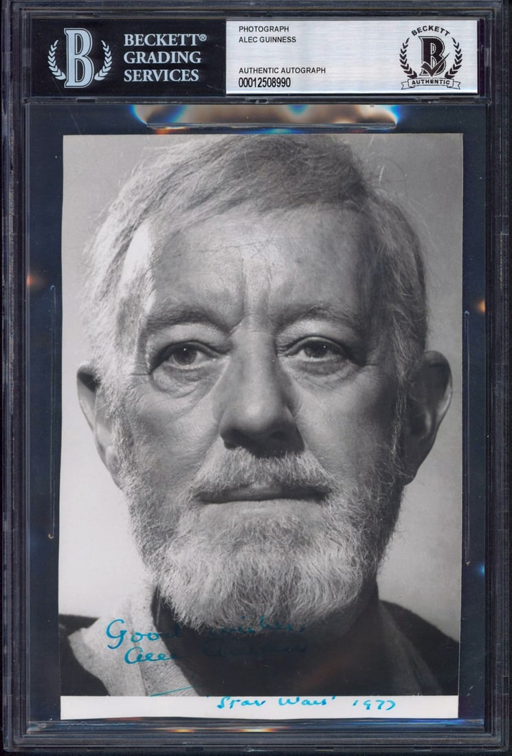 Beckett Slabbed 5x7 Alec Guinness Obi-Wan Kenobi signed photo: Beckett Slabbed 5x7 Alec Guinness Obi-Wan Kenobi signed photo This is an original black and white 5x7 photograph of Obi-Wan Kenobi from Star Wars, personally signed by Alec Guinness. The autograph has