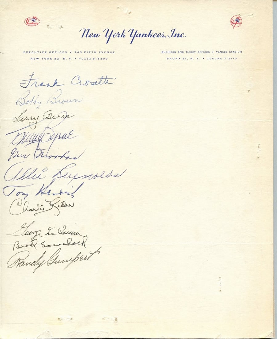 1948 New York Yankees Team Letterhead Signed by 11 Including Yogi Berra: 1948 New York Yankees Team Letterhead Signed by 11 Including Yogi Berra This collectible features a 1948 New York Yankees letterhead, elegantly mounted on a sturdy piece of cardboard. It is autographe
