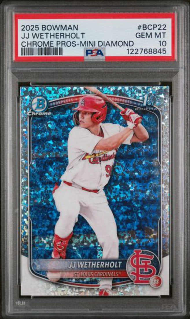 PSA 10 2025 Bowman Chrome Mini Diamond JJ Wetherholt Rookie Card: PSA 10 2025 Bowman Chrome Mini Diamond JJ Wetherholt Rookie Card This is an original 2025 Bowman Chrome Mini Diamond Rookie Card featuring JJ Wetherholt of the St. Louis Cardinals. The card is profess