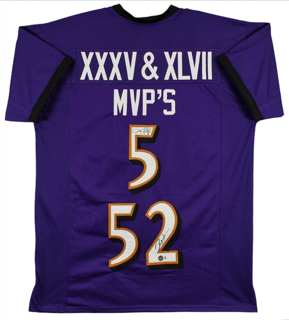 Ray Lewis Joe Flacco Signed Purple Pro Style Jersey BAS Authenticated: Ray Lewis Joe Flacco Signed Purple Pro Style Jersey BAS Authenticated This authentic Purple Pro Style Jersey has been personally signed by NFL stars Ray Lewis and Joe Flacco of the Baltimore Ravens. E