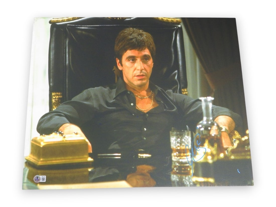 Al Pacino autographed Scarface chair scene 16X20 canvas photo BAS: Al Pacino autographed Scarface chair scene 16X20 canvas photo BAS Autographed 16x20 canvas photo featuring Al Pacino from Scarface, professionally mounted and ready for framing as shown. The item is a