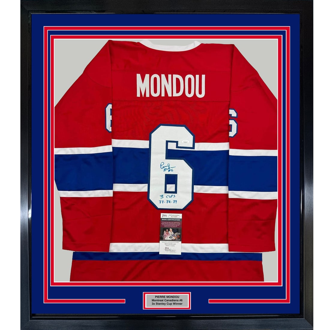 Framed Pierre Mondou Autographed Jersey 3 Cups 77-79 JSA COA: Framed Pierre Mondou Autographed Jersey 3 Cups 77-79 JSA COA Celebrate the legacy of Pierre Mondou with this professionally framed and matted autographed red jersey commemorating his remarkable achiev